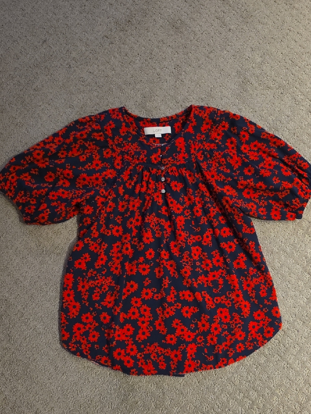 LOFT Navy Blouse with Red Floral Print S